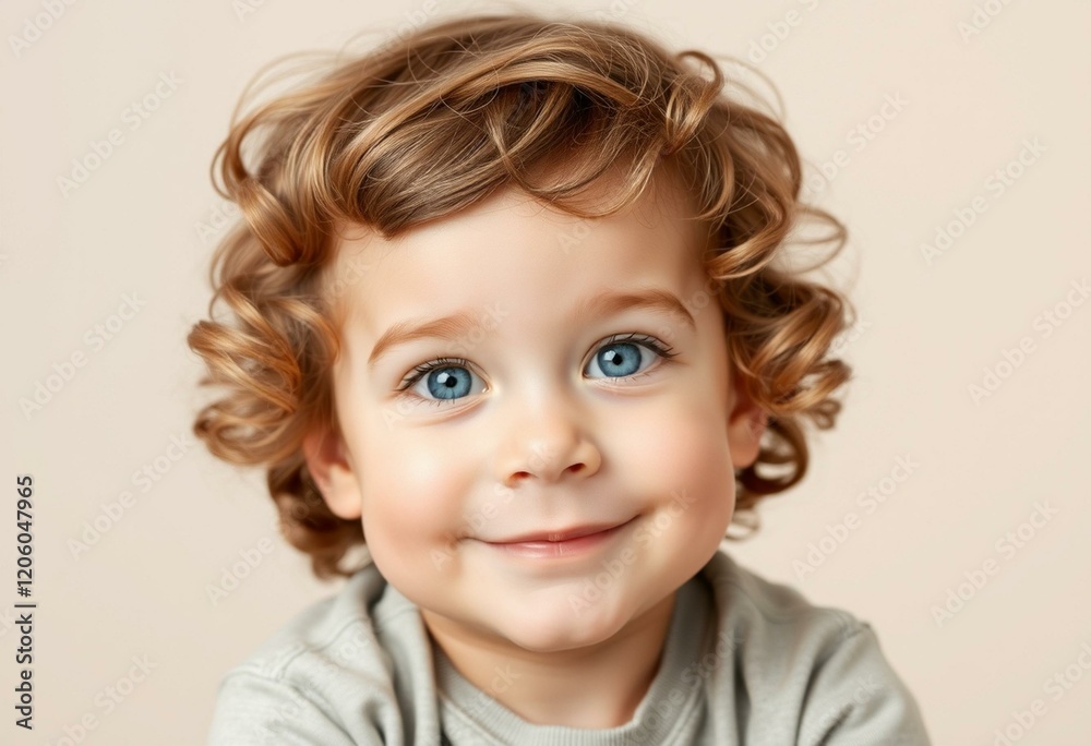 Naklejka premium Portrait of a 3-year-old boy with blue eyes and curly hair