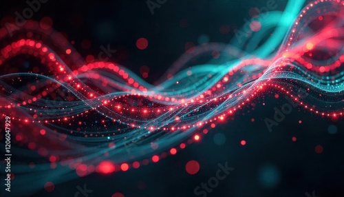 Abstract Flowing Red and Teal Particles on Dark Background