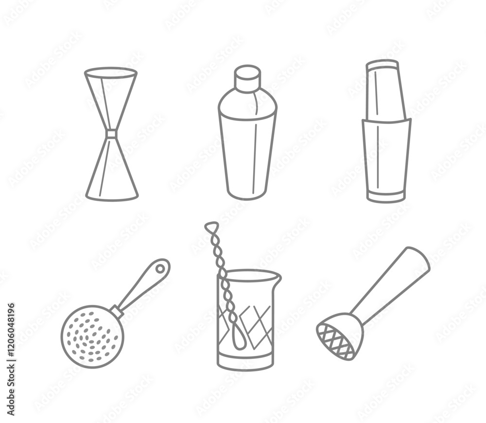 Set of bar tools icons for making cocktails, Mixing Glass, Bar Spoon, Shaker, Strainer, Jigger, Muddler in line style. Set of bar tools icons for making cocktails, Mixing Glass, Bar Spoon, Shaker, Strainer, Jigger, Muddler in line style.