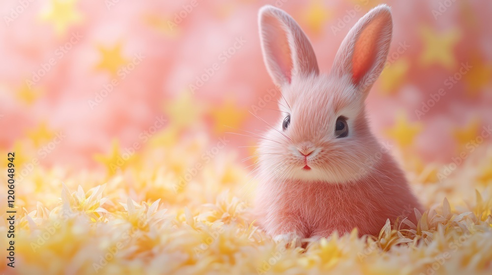 Fototapeta premium Adorable Fluffy Bunny Surrounded by Soft Starry Pastel Backdrop with Gentle Yellow Petals