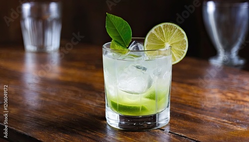 Cocktail glass with lime garnish on a wooden table, bartender, mixology, citrus, refreshing, drink, beverage, fresh photo