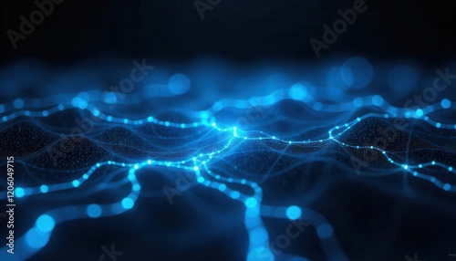 Abstract Glowing Blue Digital Landscape with Wavy Particle Lines and Dark Background