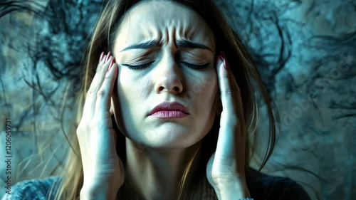 Stressed woman suffering from anxiety and headache, overwhelmed emotions, mental health struggles, tension, and psychological distress