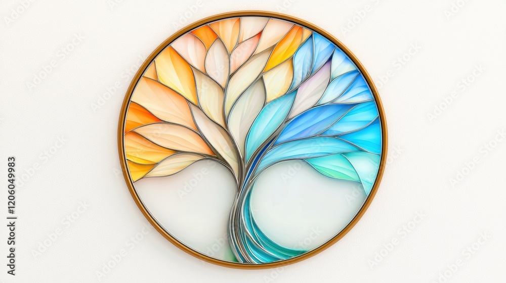 Obraz premium Vibrant Stained Glass Tree Design in Circular Frame Artwork