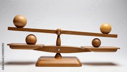 Wooden scale with one big ball and four small balls balancing on top, balance, equilibrium, comparison, contrast photo