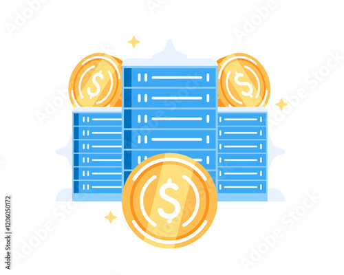 Illustration of several servers and gold coins in flat style.