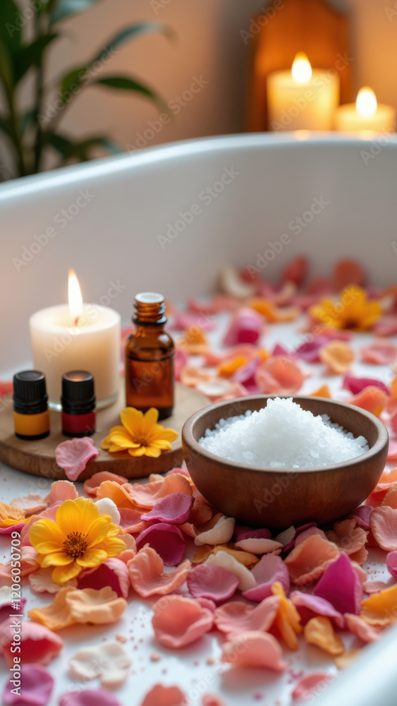 A serene spa setting with a candlelit soak tub surrounded by colorful petals and natural bath products.