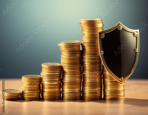 A stack of gold coins guarded by a shield, representing financial security and insurance coverage for investments.