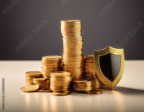 A stack of gold coins guarded by a shield, representing financial security and insurance coverage for investments.