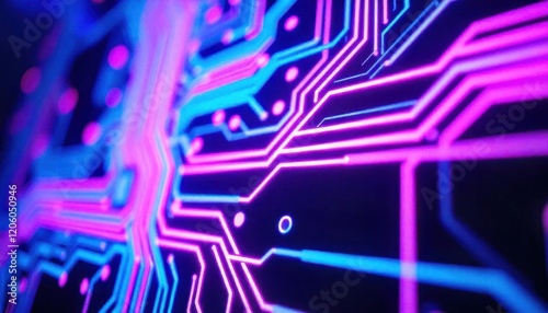 Abstract Glowing Circuit Board with Pink and Blue Neon Lines