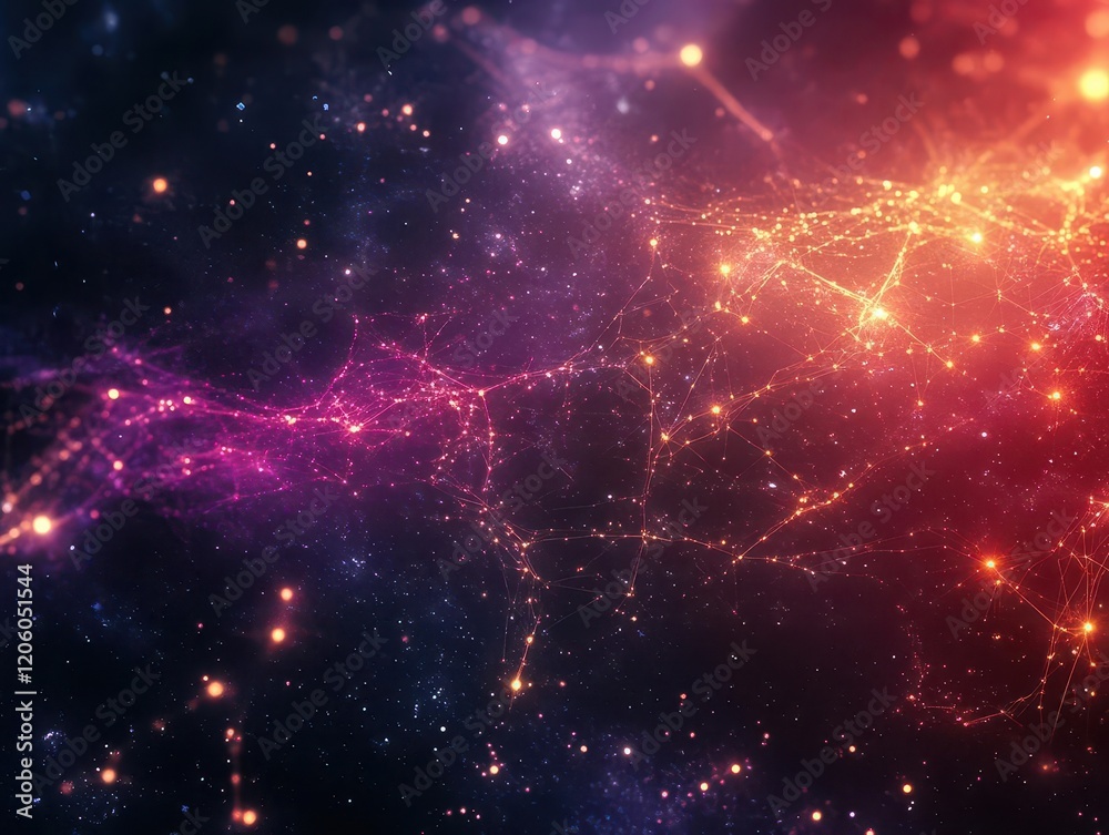 Fototapeta premium abstract digital network visualization with glowing data nodes and connection lines, deep space background with floating information particles