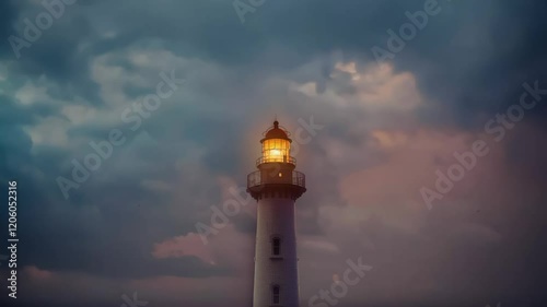 Lighthouse beacon illuminates stormy twilight sky with dramatic cloud movement