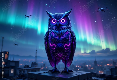 Neon owl with aurora borealis and city backdrop photo