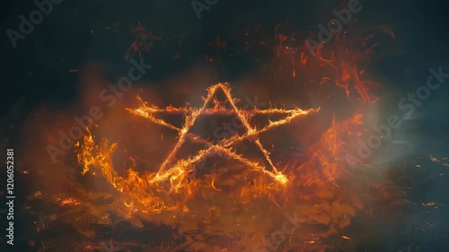 Fiery pentagram glowing in dark smoke with intense burning flames and sparks