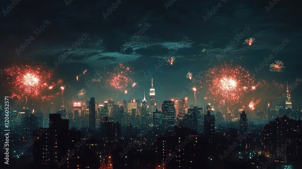 Fototapeta premium A beautifully lit city skyline at midnight, with fireworks bursting in the sky