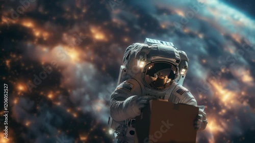 Astronaut drifts in space holding mysterious box amidst dazzling cosmic lights