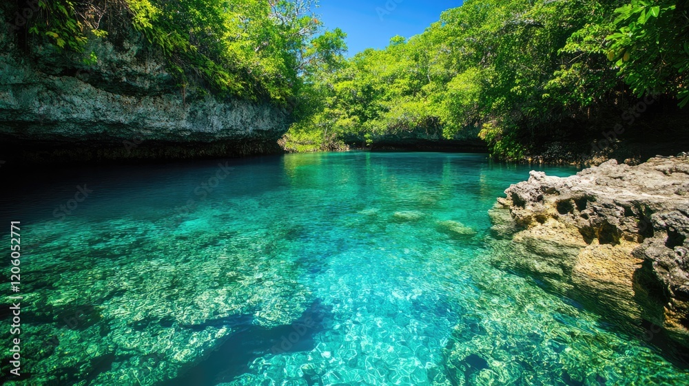 Crystal-clear turquoise waters surrounded by lush, green forested cliffs Crystal-clear turquoise waters surrounded by lush, green forested cliffs