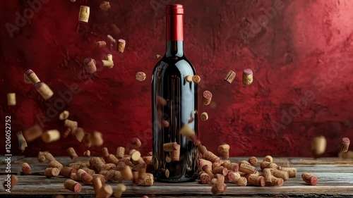 Wine bottle with falling corks on rustic table against red background