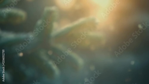 Snowcovered pine branches in golden sunlight with falling snowflakes