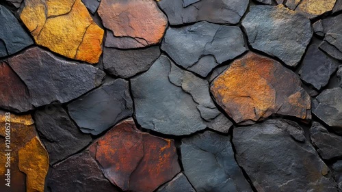 Closeup sequence of textured and colorful slate stone wall patterns