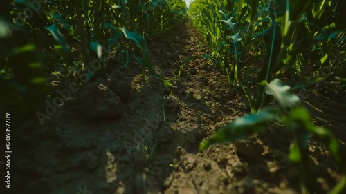 Lush cornfield perspective with sunlit blue sky creates vibrant rural atmosphere