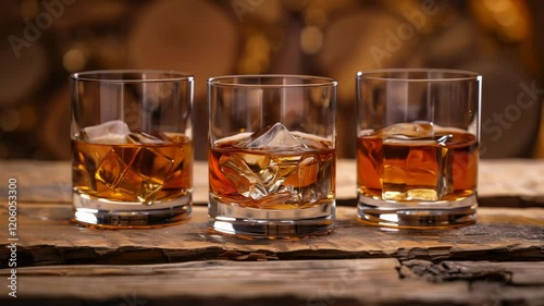 Sequence of whiskey glasses filling on rustic wooden table with warm background