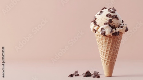 Waffle cone with vanilla ice cream, topped chocolate chunks photo