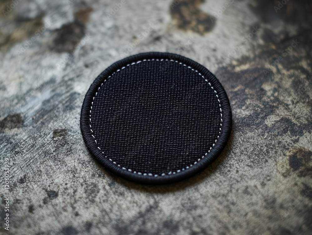 circular black canvas patch with white stitching detail, textured fabric surface, clean minimal product photography circular black canvas patch with white stitching detail, textured fabric surface, clean minimal product photography