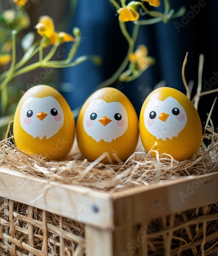 This image features a trio of charming yellow eggs, designed as happy bird characters, arranged in a straw-filled basket, evoking feelings of joy and creativity in a cozy ambiance. photo