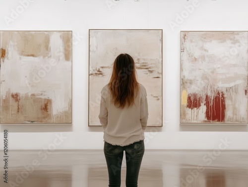 contemplative visitor in modern art museum, studying abstract expressionist painting, bathed in soft gallery lighting, clean white walls, minimalist interior