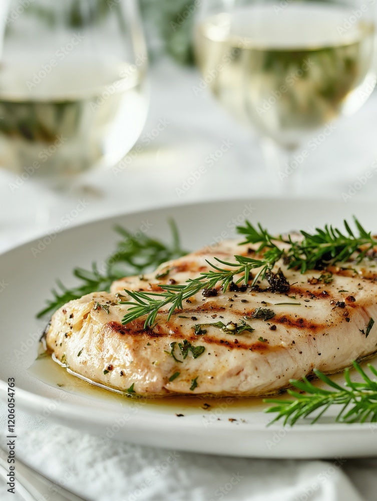 Grilled turkey fillet with garlic sauce on a modern plate. Shot through blurred foreground elements like wine glasses and herbs, against a dual-tone background Grilled turkey fillet with garlic sauce on a modern plate. Shot through blurred foreground elements like wine glasses and herbs, against a dual-tone background