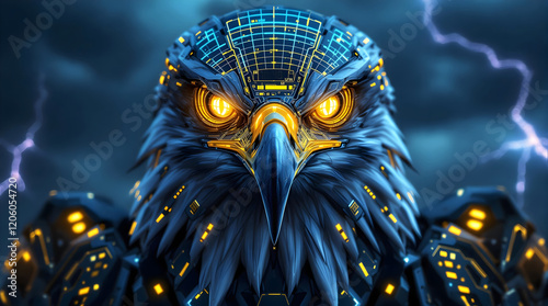 Cybernetic eagle face close-up with glowing eyes
