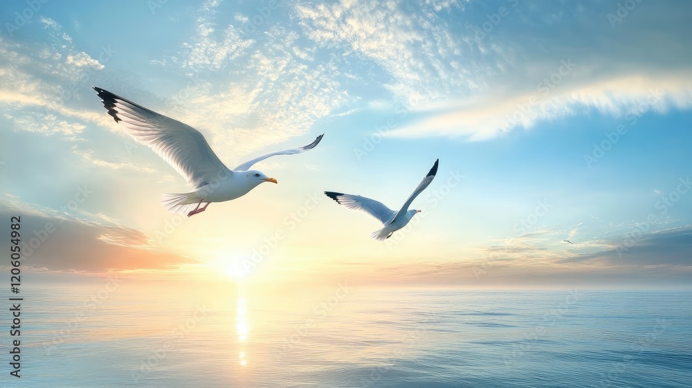Fototapeta premium Two seagulls soar over tranquil ocean during sunrise, under partly cloudy sky