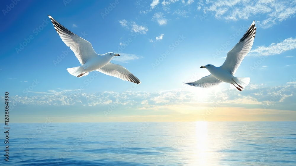 Obraz premium Two seagulls flying over calm ocean under clear sky