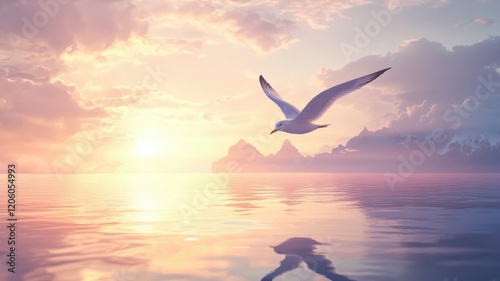 Seagull soaring over calm sea during vibrant sunset