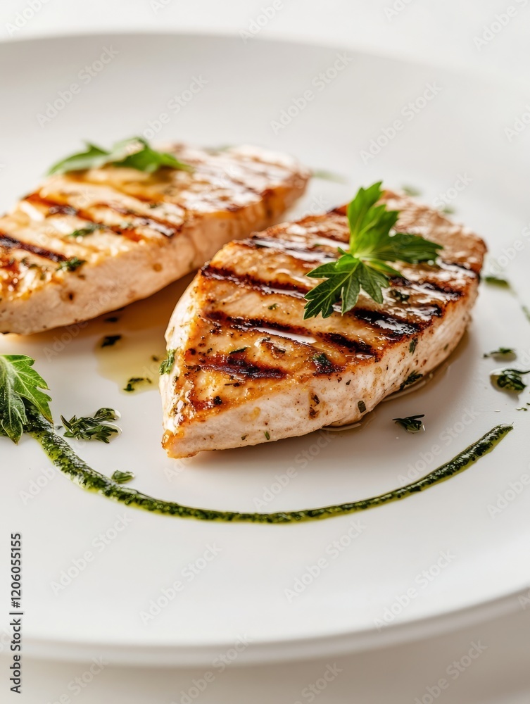 Grilled turkey fillet with garlic sauce, presented on a simple white plate. Minimalistic setup with clean lines, and artistic drizzles of garlic sauce and herb oil as key compositional elements. Grilled turkey fillet with garlic sauce, presented on a simple white plate. Minimalistic setup with clean lines, and artistic drizzles of garlic sauce and herb oil as key compositional elements.