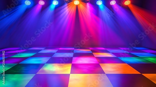 Colorful checkered dance floor lit by stage lights, ready for a party photo