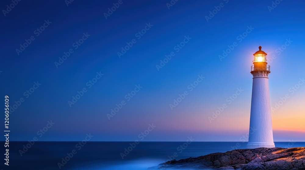 Serene Coastal Lighthouse Illuminating the Twilight Ocean Horizon Serene Coastal Lighthouse Illuminating the Twilight Ocean Horizon