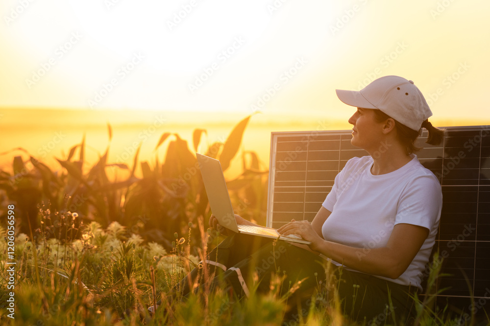 Woman farmer wearing white cap and t-shirt with laptop next to solar panel. Woman farmer wearing white cap and t-shirt with laptop next to solar panel.