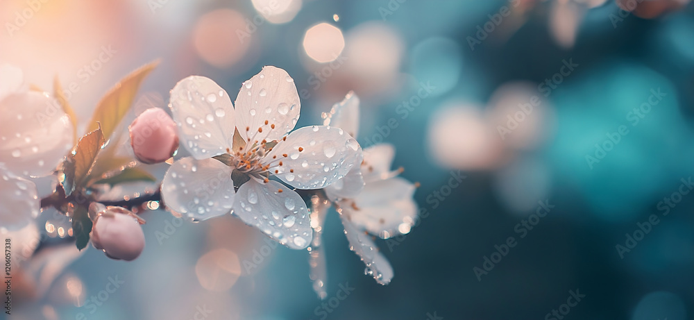 Delicate Cherry Blossom Flowers with Water Drops Glimmering in Soft Light Against a Gentle Blurred Background Delicate Cherry Blossom Flowers with Water Drops Glimmering in Soft Light Against a Gentle Blurred Background
