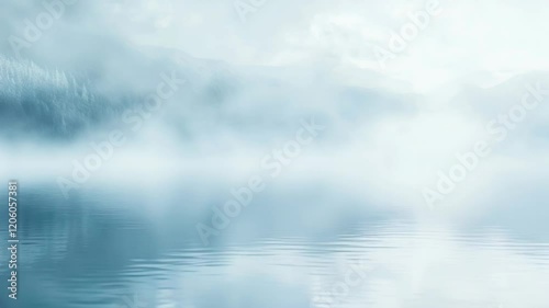 Tranquil mist rising over serene lake amidst majestic mountain landscape at dawn