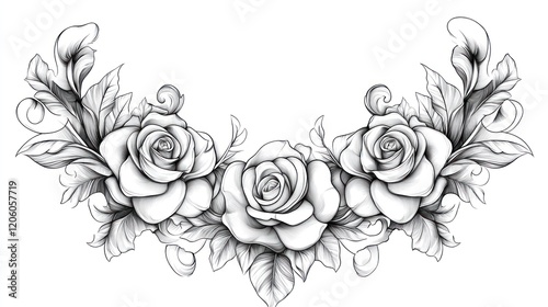 Detailed line art illustration featuring a symmetrical floral wreath with roses and leaves