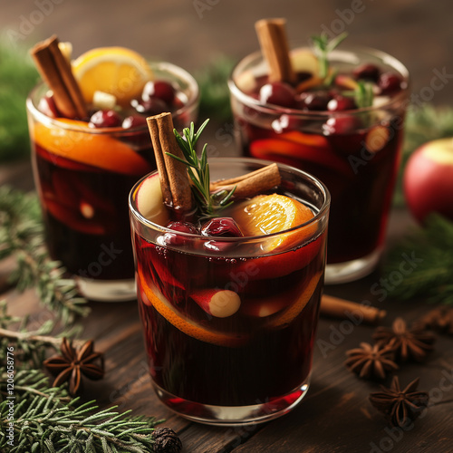 Cocktails for Christmas and Thanksgiving and other holidays, mulled wine with the addition of oranges and apple, rosemary, cinnamon sticks and spices standing on a wooden table  photo