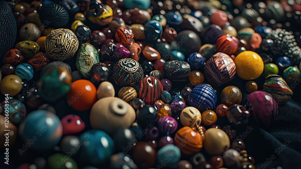A vibrant collection of handmade beads in various shapes and sizes, scattered over a dark cloth, reflecting subtle light A vibrant collection of handmade beads in various shapes and sizes, scattered over a dark cloth, reflecting subtle light