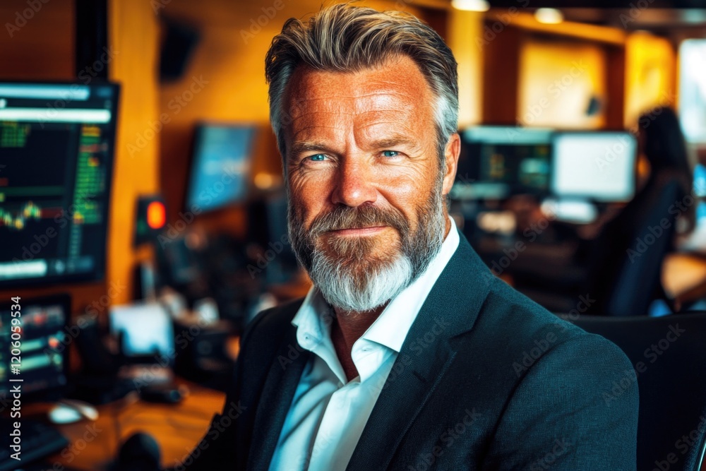 Fototapeta premium Caucasian mature male business professional in office setting with computers