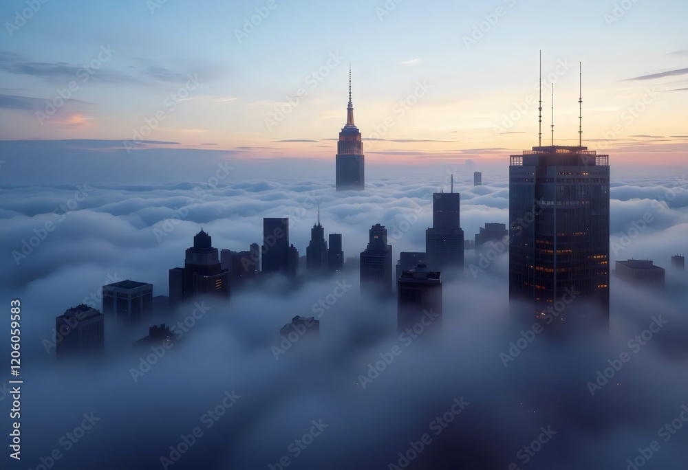 Fototapeta premium City skyline peeking through clouds at dusk