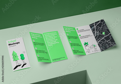 Perspectiv View Open Trifold Mockups