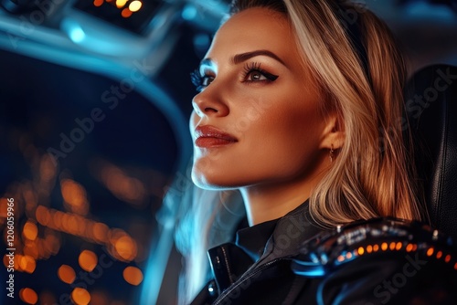 Confident young caucasian female pilot at night in cockpit command photo