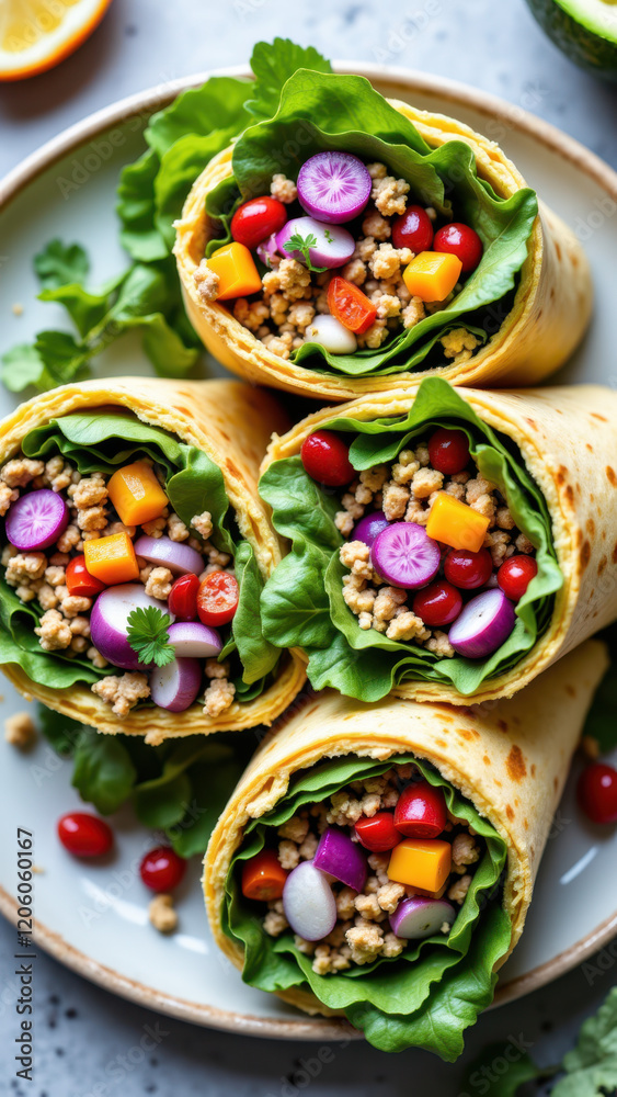 Tasty vegetable wraps with colorful filling on a white plate, ready to enjoy for a healthy detox meal. Tasty vegetable wraps with colorful filling on a white plate, ready to enjoy for a healthy detox meal.