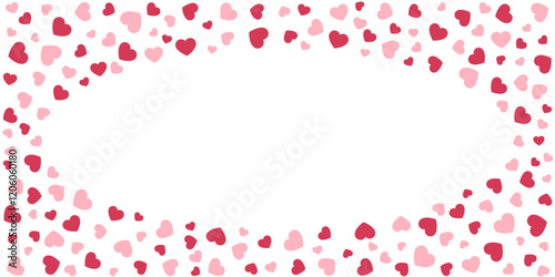Red and pink scattered hearts frame with copy space for text. Romantic background. Design for Valentine's Day  Mother's Day or Wedding. Vector illustration.